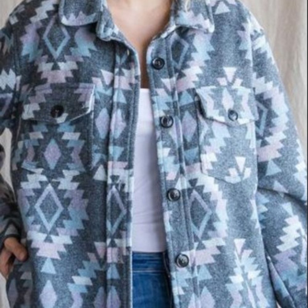 Oversized Jacket Shacket with Pockets Size Large Gray Blue multi New - Picture 10 of 15